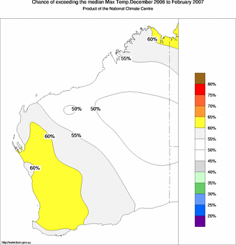 probability of exceeding median maximum temperature - click on the image for a larger version of the map