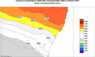 probability of exceeding median minimum temperature - click on the image for a larger version of the map
