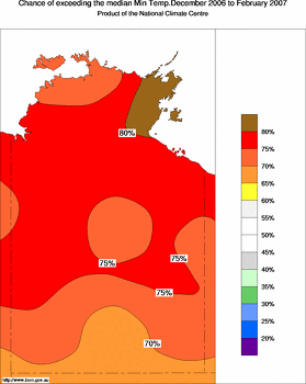 probability of exceeding median minimum temperature - click on the image for a larger version of the map
