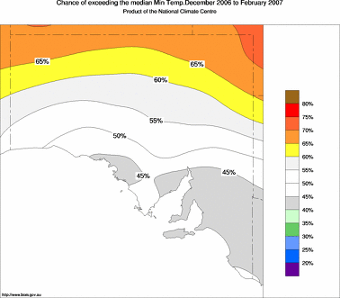 probability of exceeding median minimum temperature - click on the image for a larger version of the map