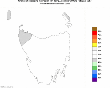 probability of exceeding median minimum temperature - click on the image for a larger version of the map