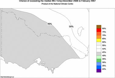 probability of exceeding median minimum temperature - click on the image for a larger version of the map
