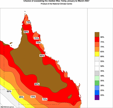 probability of exceeding median maximum temperature - click on the image for a larger version of the map
