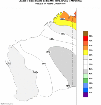 probability of exceeding median maximum temperature - click on the image for a larger version of the map