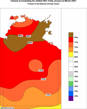 probability of exceeding median minimum temperature - click on the image for a larger version of the map