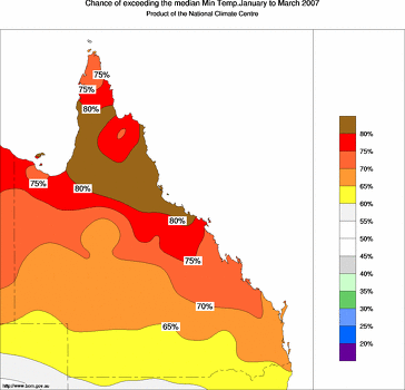 probability of exceeding median minimum temperature - click on the image for a larger version of the map