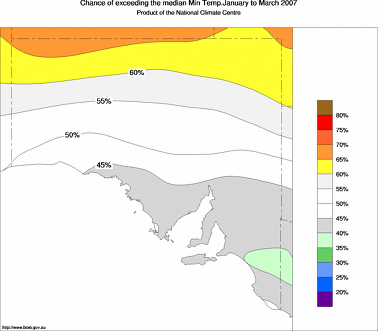 probability of exceeding median minimum temperature - click on the image for a larger version of the map