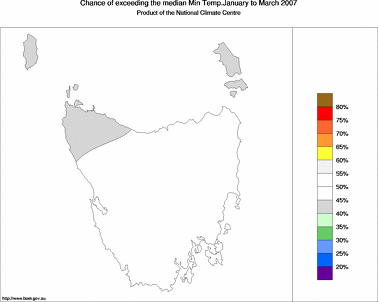 probability of exceeding median minimum temperature - click on the image for a larger version of the map
