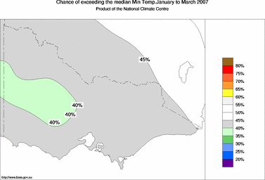 probability of exceeding median minimum temperature - click on the image for a larger version of the map