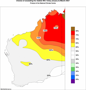 probability of exceeding median minimum temperature - click on the image for a larger version of the map