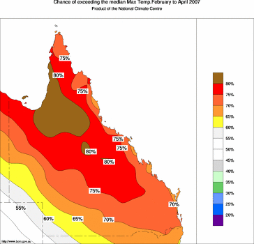 probability of exceeding median maximum temperature - click on the image for a larger version of the map