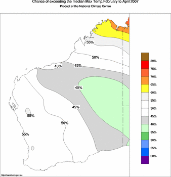 probability of exceeding median maximum temperature - click on the image for a larger version of the map