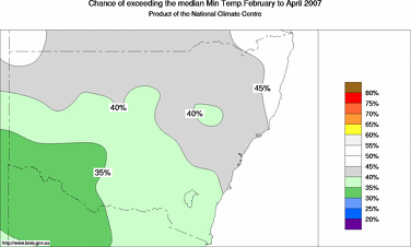 probability of exceeding median minimum temperature - click on the image for a larger version of the map