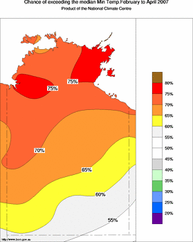 probability of exceeding median minimum temperature - click on the image for a larger version of the map
