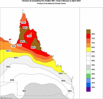 probability of exceeding median minimum temperature - click on the image for a larger version of the map