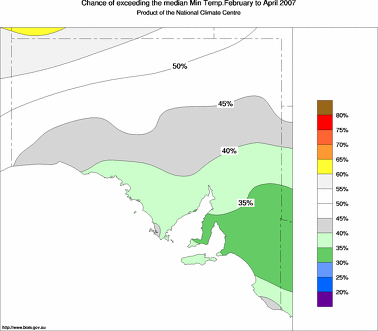 probability of exceeding median minimum temperature - click on the image for a larger version of the map
