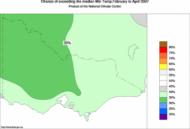 probability of exceeding median minimum temperature - click on the image for a larger version of the map