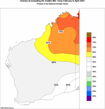 probability of exceeding median minimum temperature - click on the image for a larger version of the map