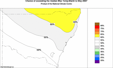 probability of exceeding median maximum temperature - click on the image for a larger version of the map