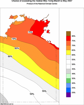 probability of exceeding median maximum temperature - click on the image for a larger version of the map