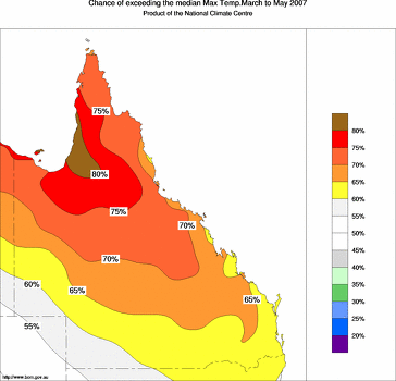probability of exceeding median maximum temperature - click on the image for a larger version of the map