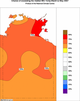 probability of exceeding median minimum temperature - click on the image for a larger version of the map