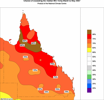 probability of exceeding median minimum temperature - click on the image for a larger version of the map
