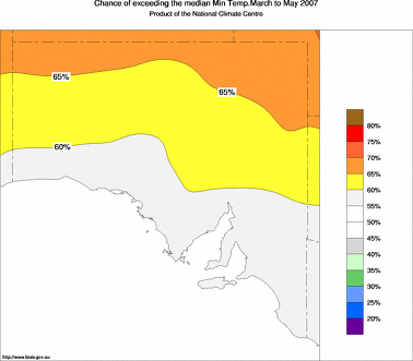 probability of exceeding median minimum temperature - click on the image for a larger version of the map
