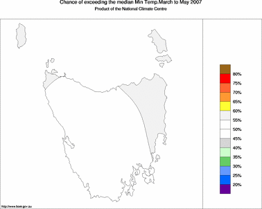 probability of exceeding median minimum temperature - click on the image for a larger version of the map