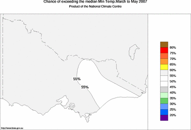 probability of exceeding median minimum temperature - click on the image for a larger version of the map