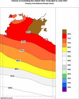 probability of exceeding median maximum temperature - click on the image for a larger version of the map
