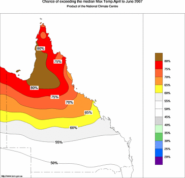 probability of exceeding median maximum temperature - click on the image for a larger version of the map