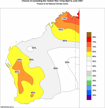 probability of exceeding median maximum temperature - click on the image for a larger version of the map