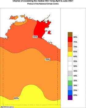 probability of exceeding median minimum temperature - click on the image for a larger version of the map