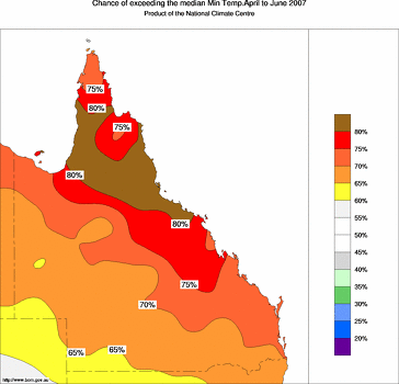 probability of exceeding median minimum temperature - click on the image for a larger version of the map