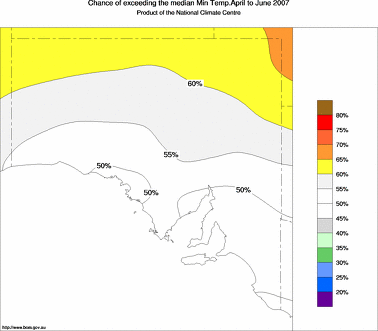 probability of exceeding median minimum temperature - click on the image for a larger version of the map