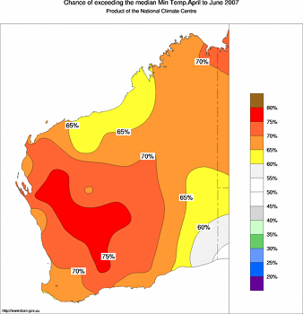 probability of exceeding median minimum temperature - click on the image for a larger version of the map