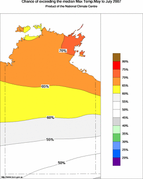 probability of exceeding median maximum temperature - click on the image for a larger version of the map