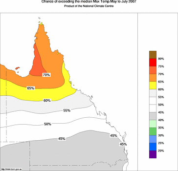 probability of exceeding median maximum temperature - click on the image for a larger version of the map