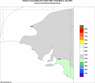 probability of exceeding median maximum temperature - click on the image for a larger version of the map