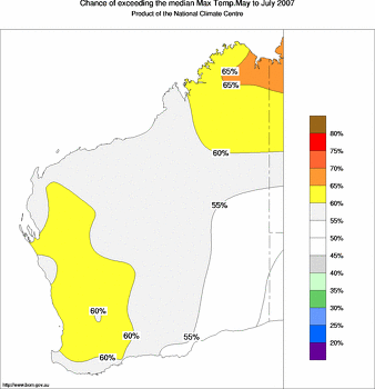 probability of exceeding median maximum temperature - click on the image for a larger version of the map