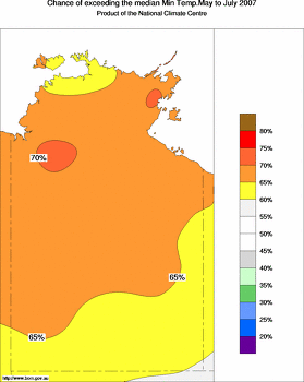 probability of exceeding median minimum temperature - click on the image for a larger version of the map