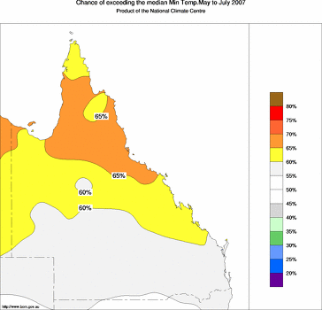 probability of exceeding median minimum temperature - click on the image for a larger version of the map