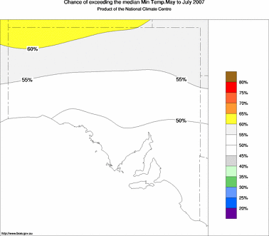 probability of exceeding median minimum temperature - click on the image for a larger version of the map