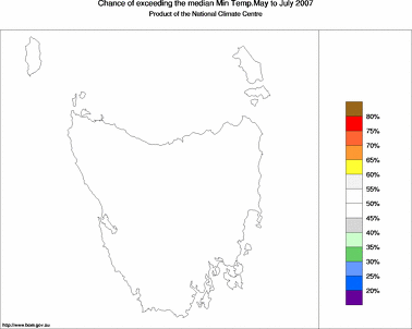 probability of exceeding median minimum temperature - click on the image for a larger version of the map