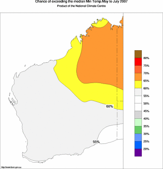 probability of exceeding median minimum temperature - click on the image for a larger version of the map