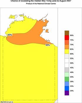 probability of exceeding median maximum temperature - click on the image for a larger version of the map