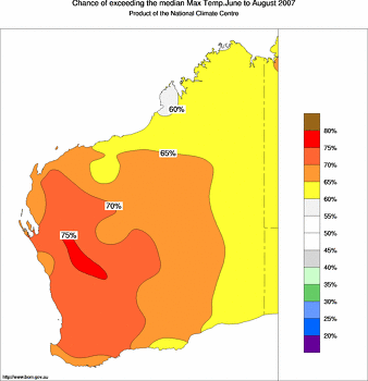 probability of exceeding median maximum temperature - click on the image for a larger version of the map