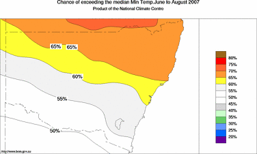 probability of exceeding median minimum temperature - click on the image for a larger version of the map