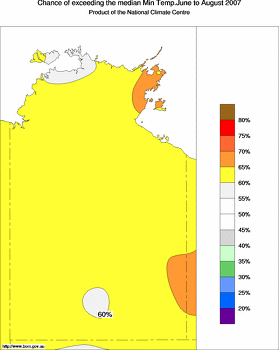 probability of exceeding median minimum temperature - click on the image for a larger version of the map